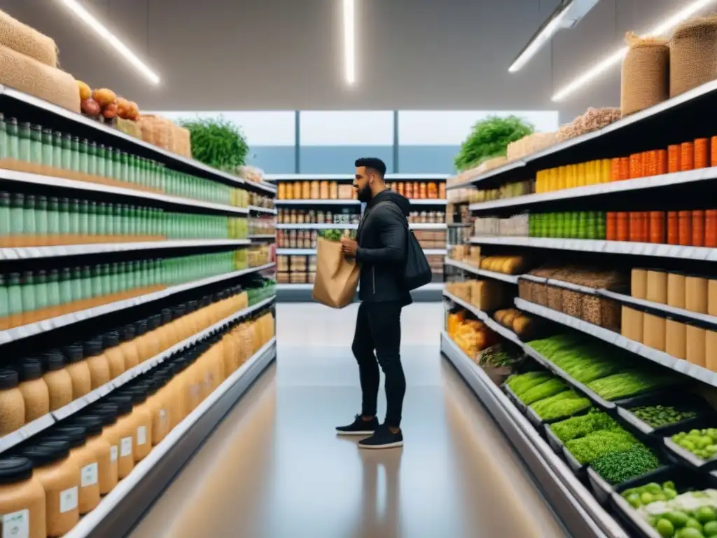 Un grupo diverso de personas comprando juntos en un supermercado zero waste, promoviendo sostenibilidad y comunidad