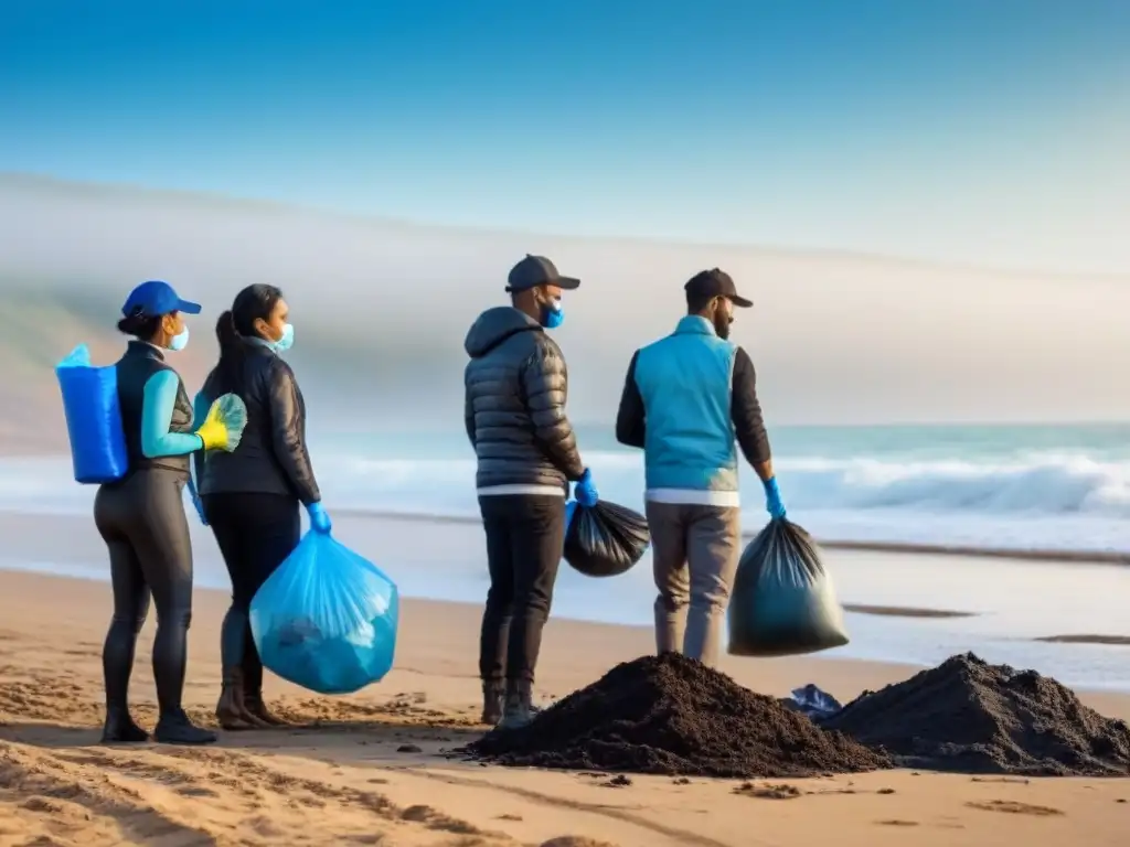 Un grupo diverso de personas limpia una playa contaminada, promoviendo la educación ambiental y un estilo de vida sostenible