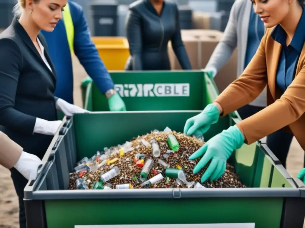 Un grupo diverso de personas clasifica detalladamente materiales reciclables en un centro moderno