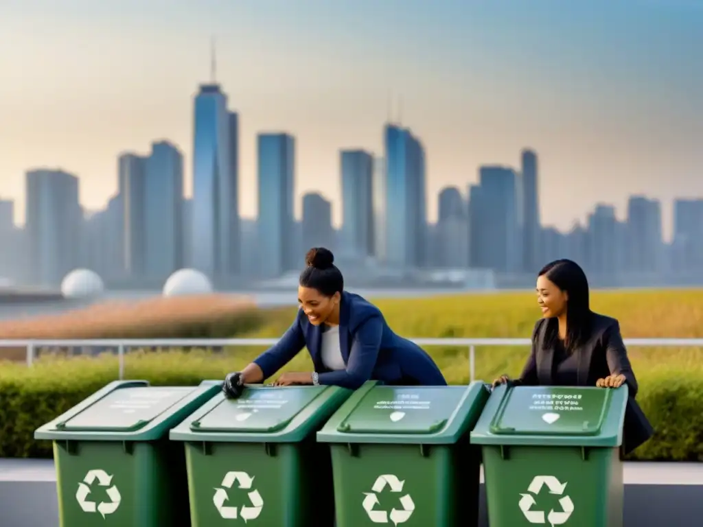 Un grupo diverso de personas clasificando materiales reciclables con la ciudad al fondo, ilustrando consejos para vida zero waste