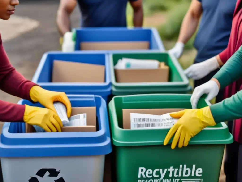 Un grupo diverso de personas clasifica materiales reciclables en un centro brillante y limpio