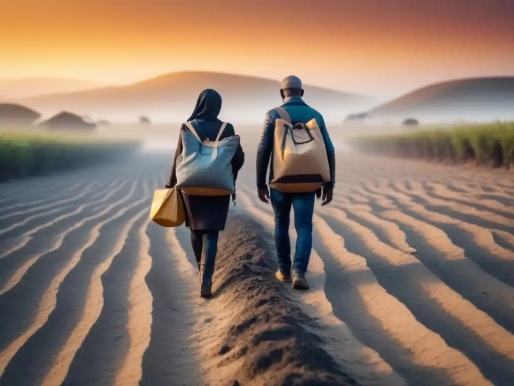 Un grupo diverso de personas camina con sus pertenencias en un paisaje árido, simbolizando la migración forzada por el cambio climático