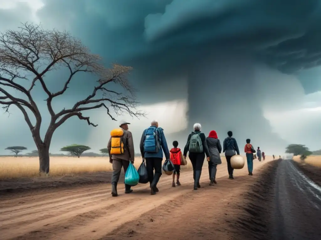 Un grupo diverso de personas camina con sus pertenencias bajo nubes tormentosas, simbolizando el desplazamiento climático en poblaciones en riesgo