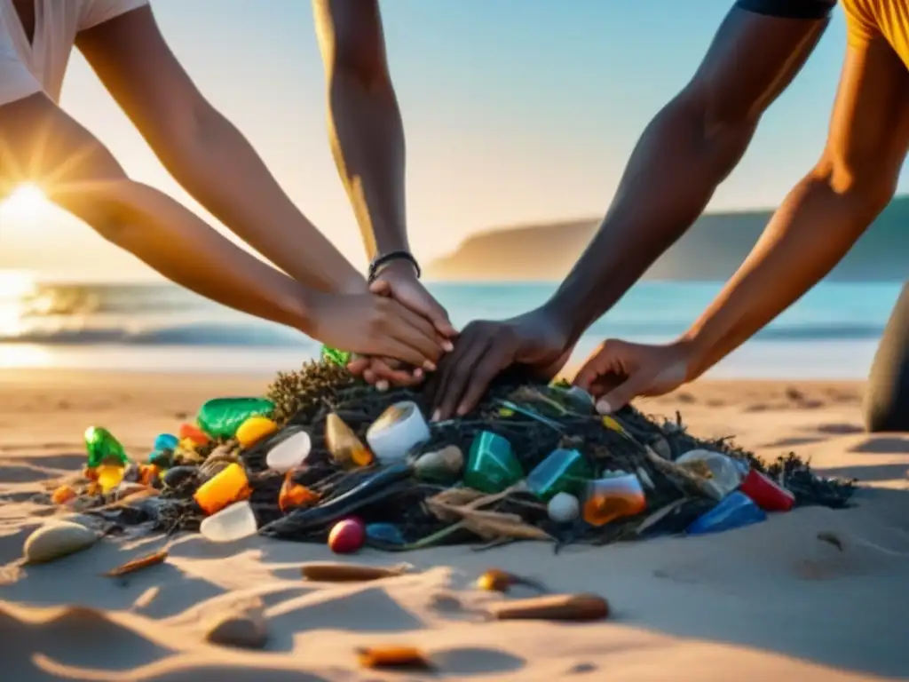 Un grupo diverso de personas colabora para limpiar la playa de residuos plásticos al atardecer, mostrando cooperación efectiva en estilo sostenible