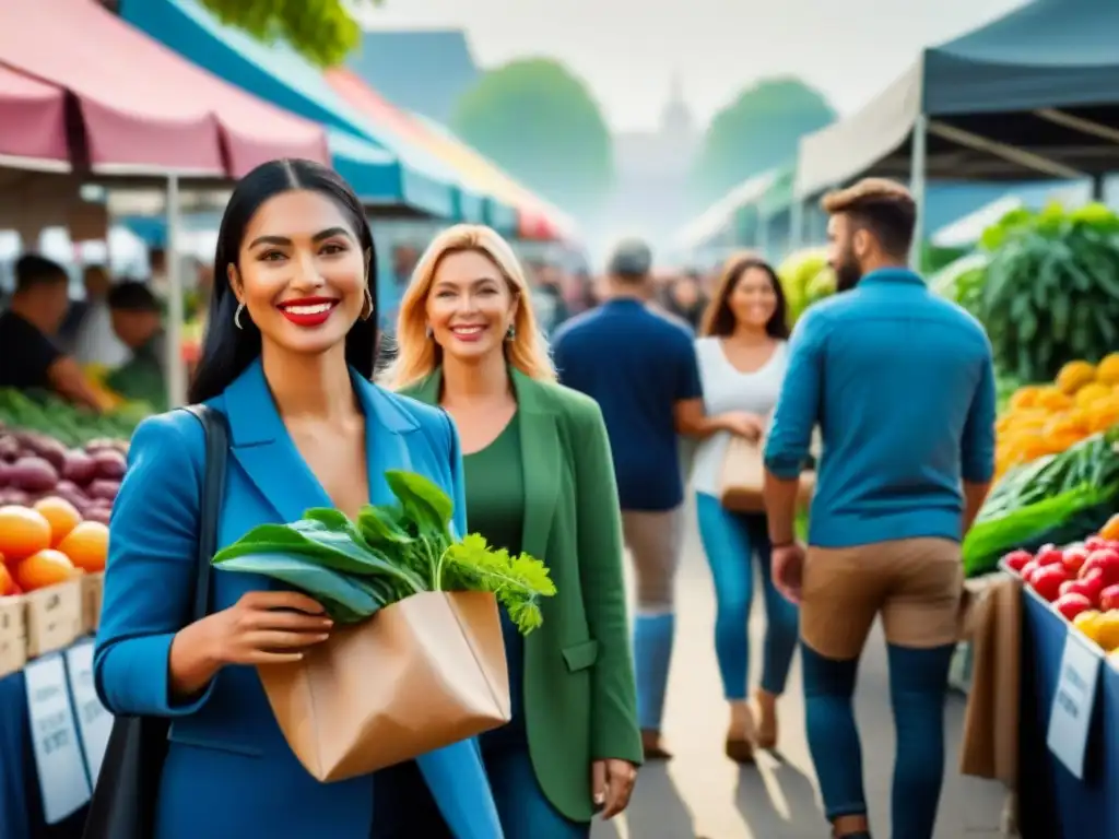 Grupo diverso disfruta de compras eco en mercado colorido Un grupo diverso de personas selecciona productos frescos en un mercado, con bolsas reutilizables
