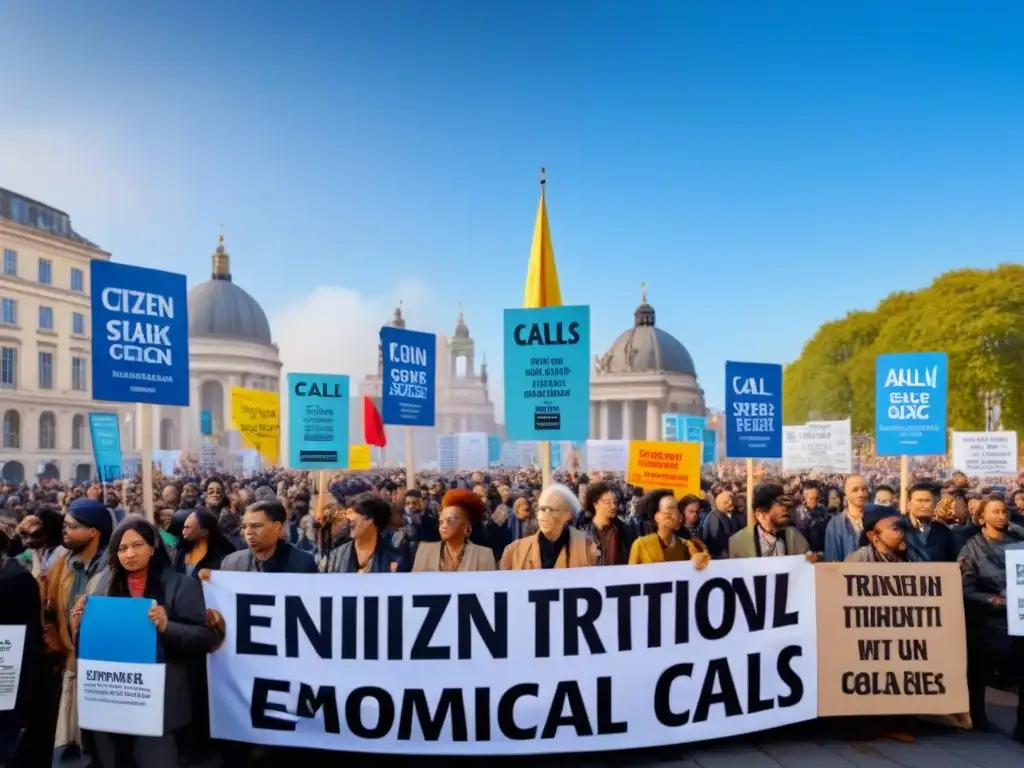 Un grupo diverso de personas en una protesta pacífica con carteles ambientales en una plaza urbana vibrante