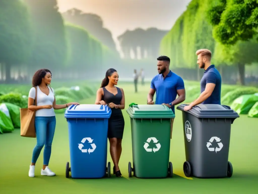 Un grupo diverso de personas clasifica y recicla residuos juntos en un parque, transmitiendo el concepto Zero Waste para principiantes