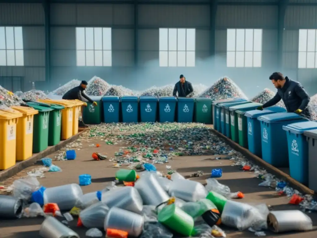 Un grupo diverso de personas clasificando residuos en un centro de reciclaje moderno, representando el estilo de vida zero waste ONU