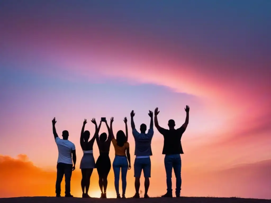 Grupo diverso de personas en silueta, unidas frente a un cielo vibrante al atardecer