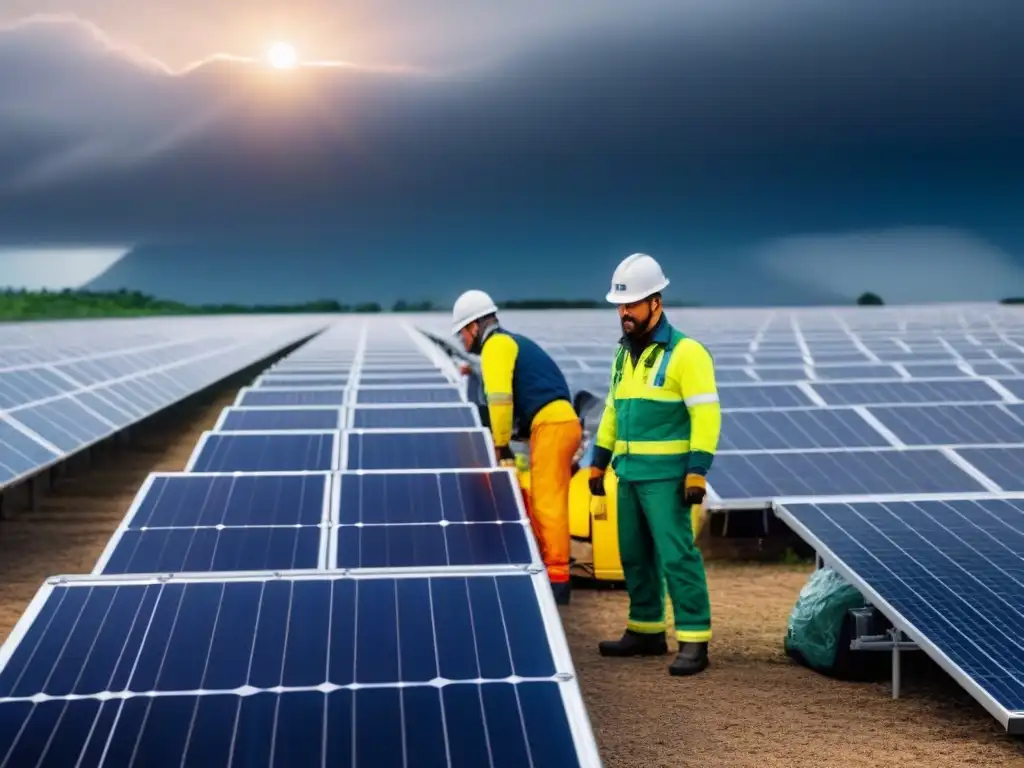 Un grupo diverso de personas en situaciones de emergencia, con paneles solares proporcionando energía