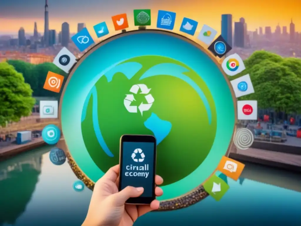 Un grupo diverso de personas usa smartphones con apps para consumo responsable sostenible, rodeados de productos sostenibles y símbolos de reciclaje en una ciudad futurista y ecológica