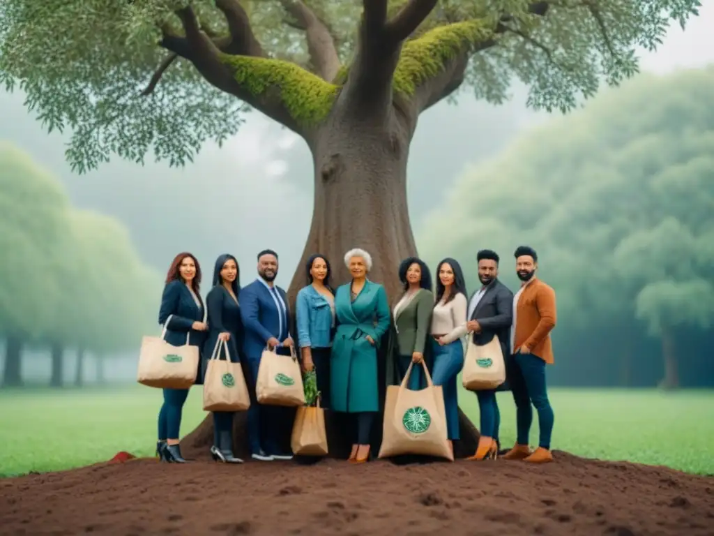 Un grupo diverso de personas sostenibles con bolsas reutilizables frente a un árbol frondoso, simbolizando la economía zero waste