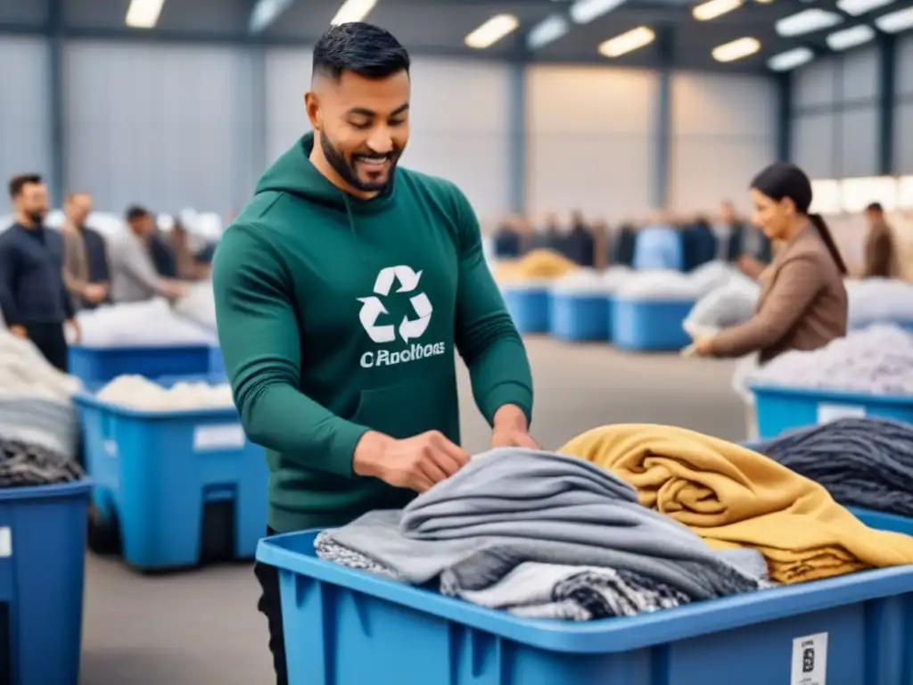 Un grupo diverso de personas dona y recicla textiles en un centro moderno y sostenible