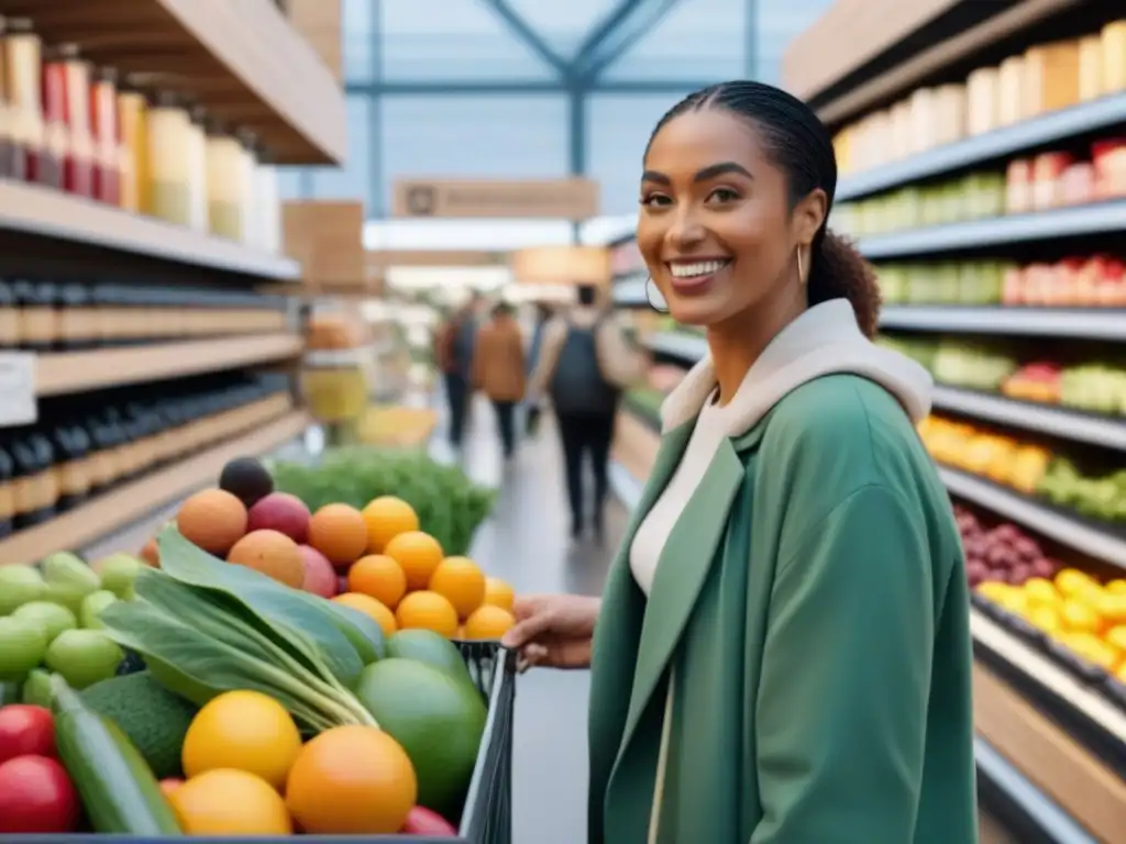 Grupo diverso de personas en tienda zero waste con alimentos frescos