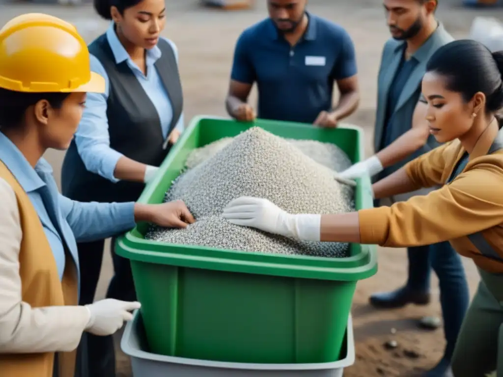 Grupo diverso en planta de reciclaje, trabajando juntos con determinación