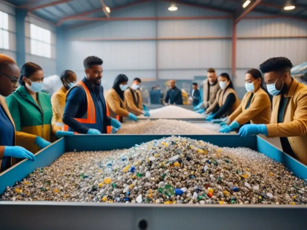 Un grupo diverso colabora en una planta de reciclaje moderna, mostrando unidad y reciclaje inclusivo para una comunidad sostenible