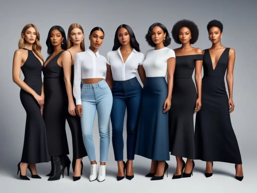 Moda atemporal: diversidad en prendas clásicas Grupo diverso viste prendas clásicas atemporales en fondo neutro, simbolizando Alternativas moda rápida consumo consciente