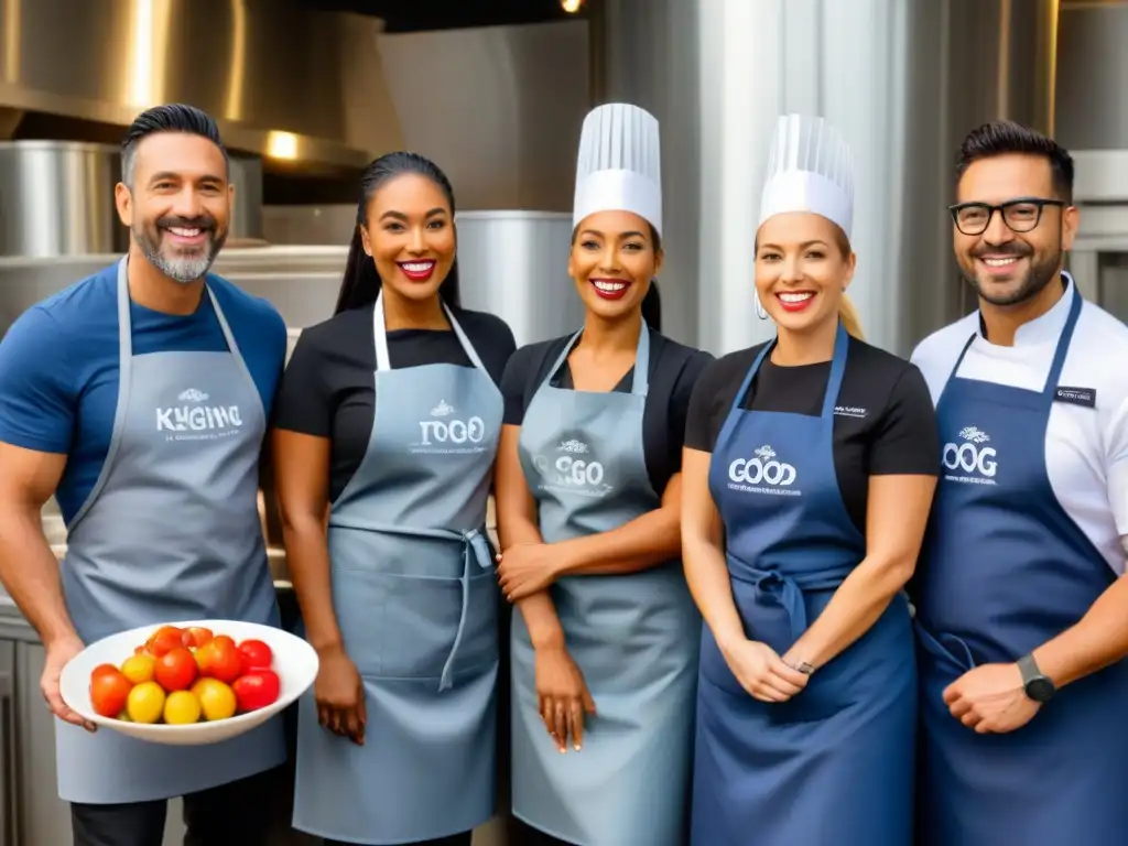 Un grupo diverso de profesionales de la industria alimentaria, sonrientes y unidos en la cocina, luciendo delantales con el logo de Too Good To Go