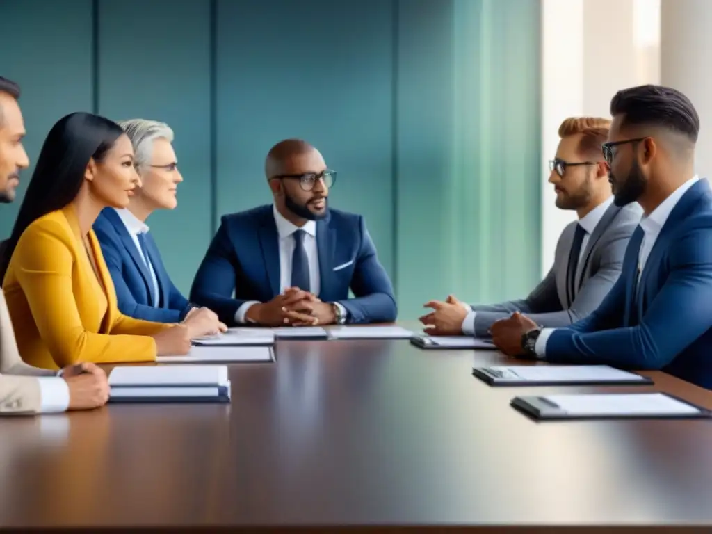 Un grupo diverso de profesionales de negocios discuten acuerdos comerciales y gestión de residuos en una mesa de conferencias moderna y elegante