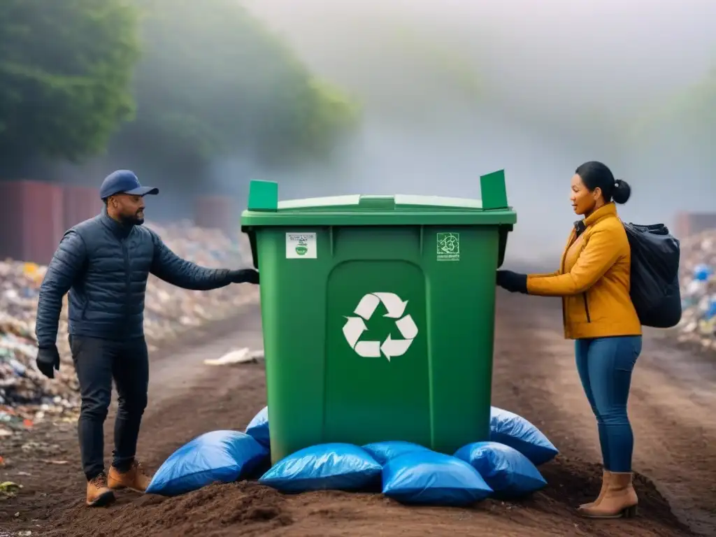 Grupo diverso colabora en programas de reciclaje sostenible, simbolizando unidad y trabajo en equipo