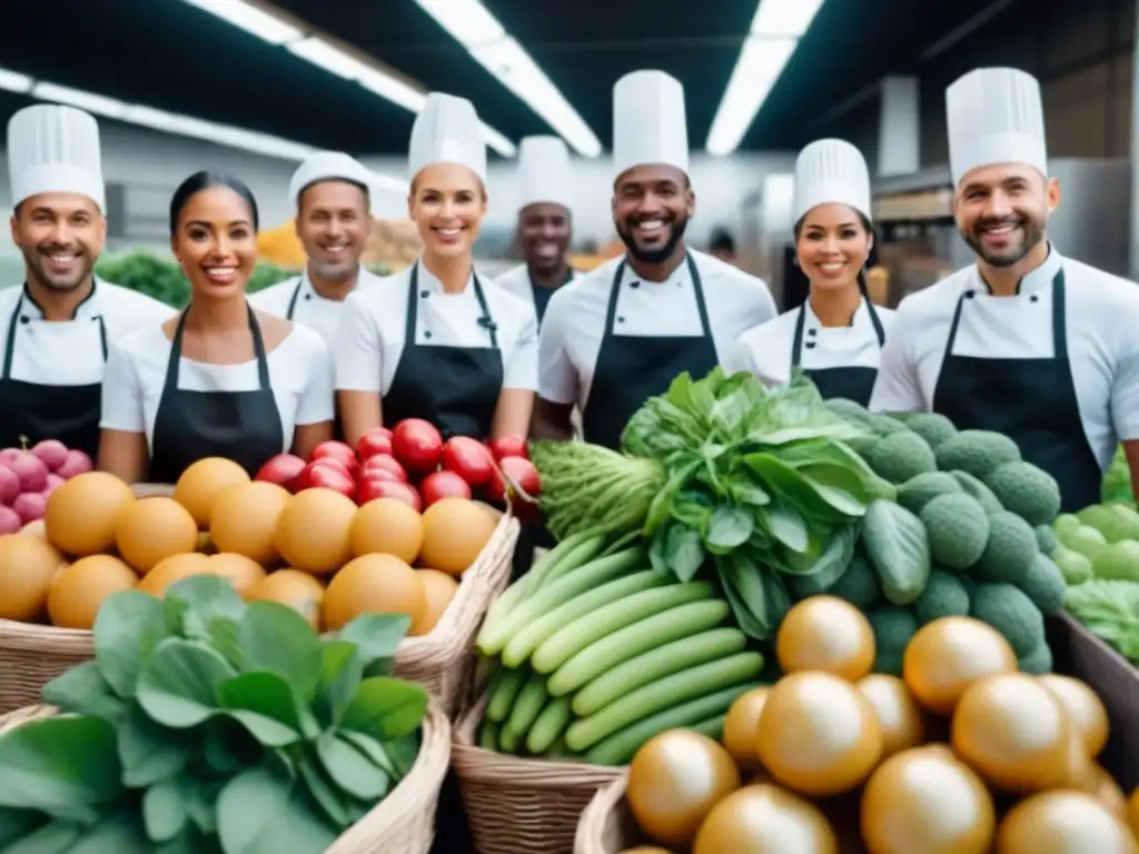 Un grupo diverso de propietarios y chefs sonrientes rodeados de alimentos frescos en un centro de distribución moderno