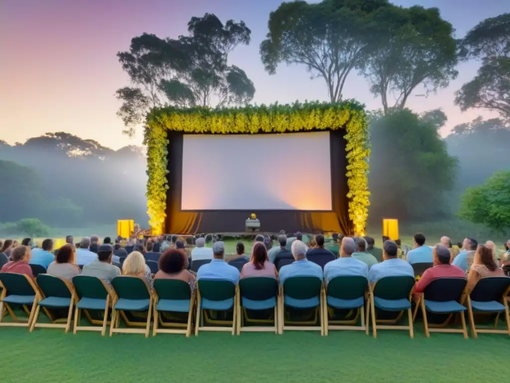 Un grupo diverso organiza proyecciones de cine ecológico al aire libre al atardecer, rodeados de árboles verdes y luces solares