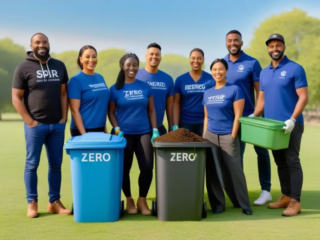Grupo diverso colabora en proyecto de conservación zero waste en parque, separando reciclaje, compostaje y basura en contenedores