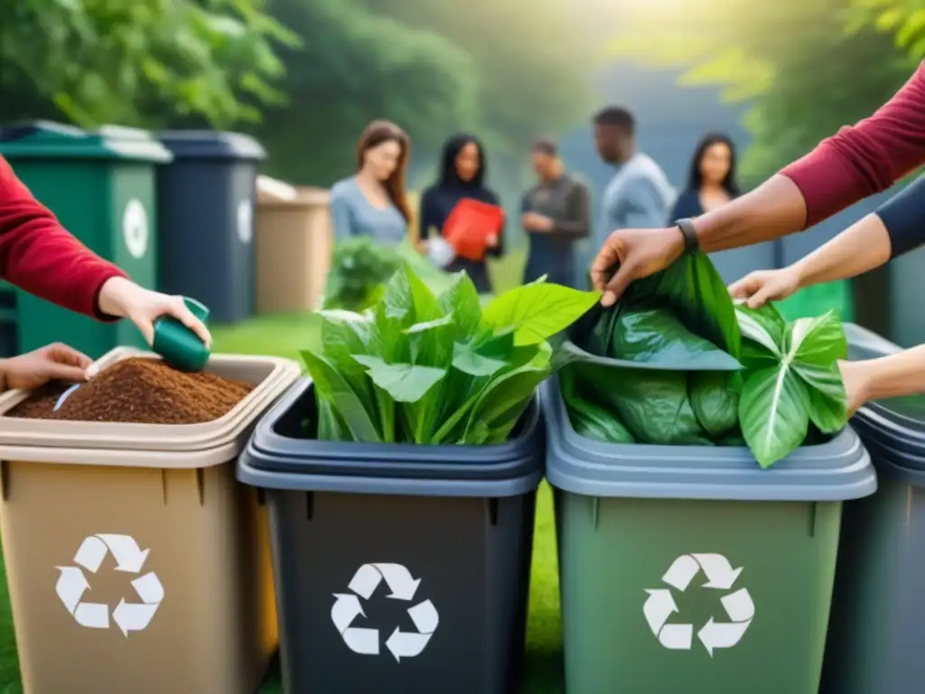 Un grupo diverso colabora en la separación de reciclables y compostables en un proyecto zero waste