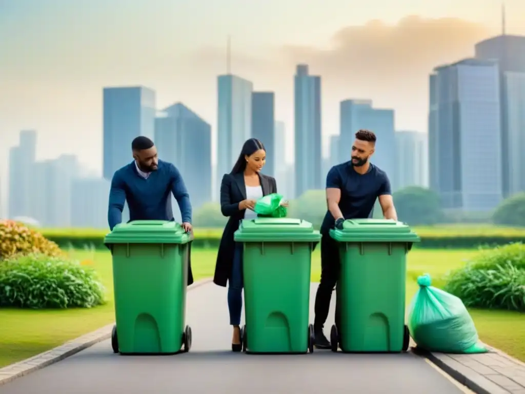 Un grupo diverso colabora en reciclaje en una ciudad verde