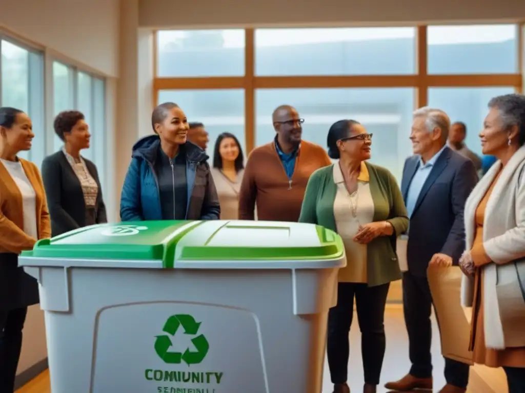 Un grupo diverso en una reunión informativa sobre reciclaje en un centro comunitario ecofriendly