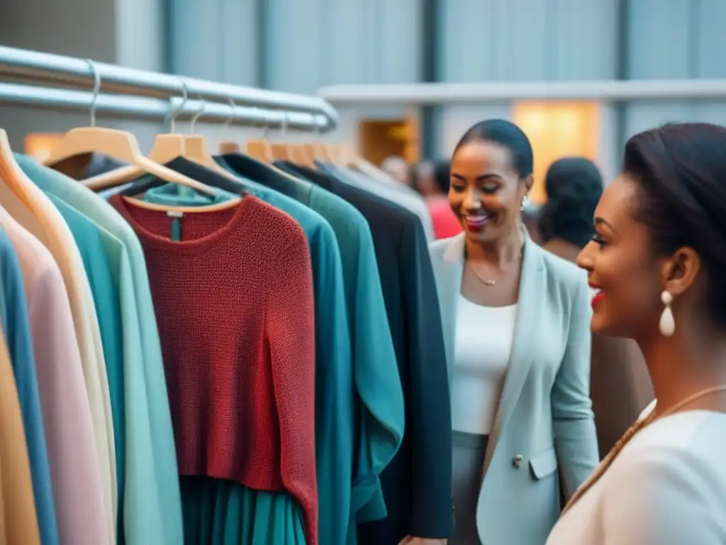 Grupo diverso intercambia ropa en evento sostenible con vibrantes colores y texturas