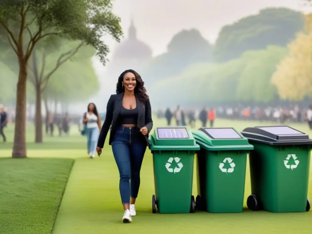 Un grupo diverso con ropa sostenible pasea en un parque verde, transmitiendo comunidad y conciencia ambiental