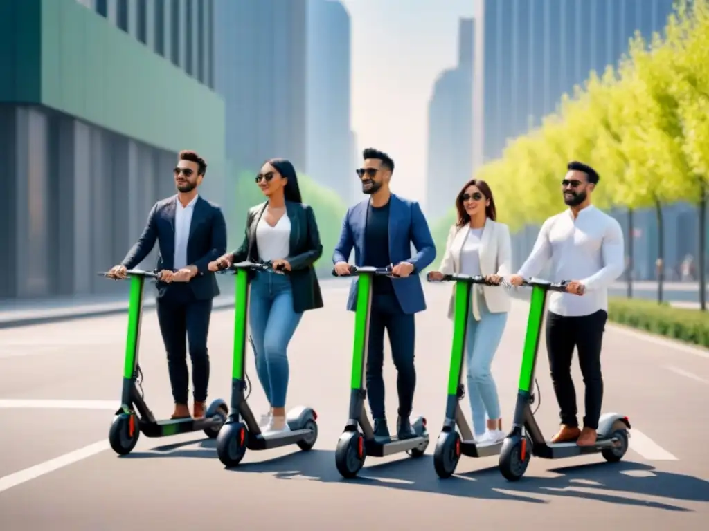 Grupo diverso en scooters eléctricos sostenibles por ciudad futurista