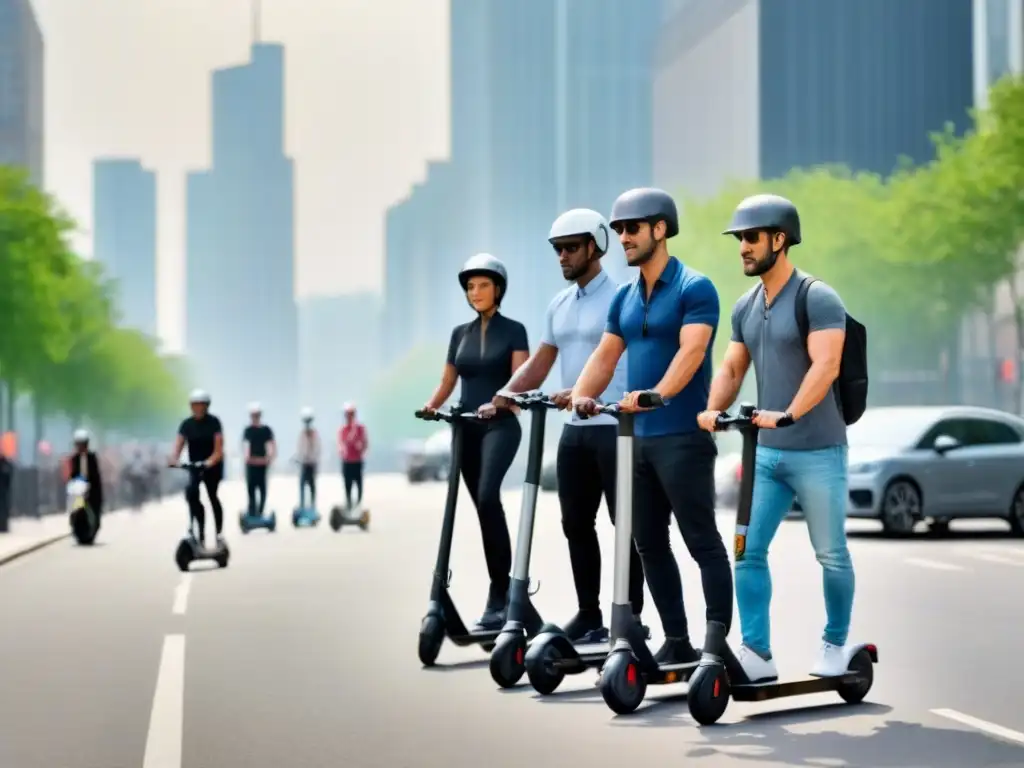 Grupo diverso en scooters eléctricos, seguros en la ciudad