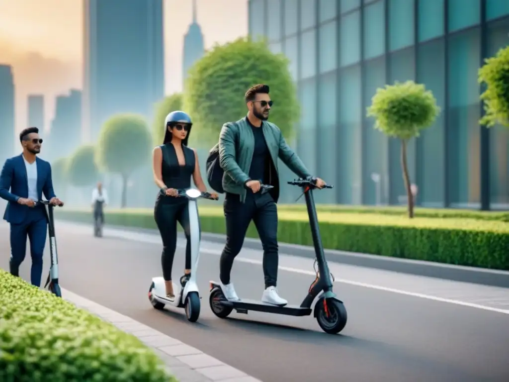 Grupo diverso en scooters eléctricos sostenibles, explorando ciudad futurista