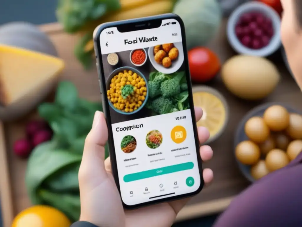 Un grupo diverso y sonriente usa juntos una app para reducir desperdicio alimentario