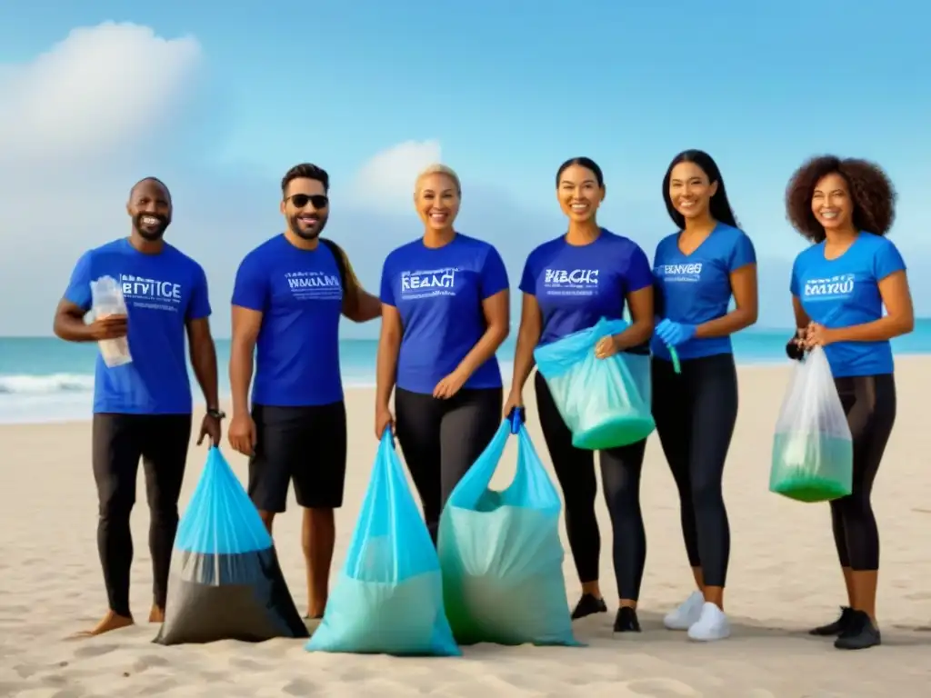 Grupo diverso sonriente en limpieza de playa, unidos por campañas de concienciación global zero waste