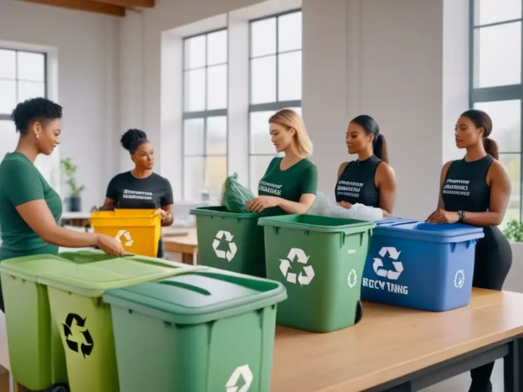 Un grupo diverso participa activamente en un taller de reciclaje, clasificando materiales entre contenedores etiquetados