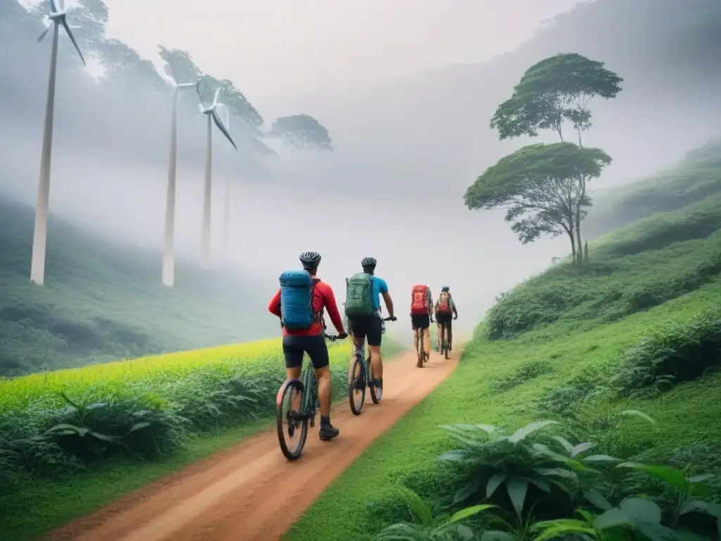 Un grupo diverso de turistas disfruta de actividades sostenibles en un bosque verde, simbolizando el turismo sostenible y la lucha contra el cambio climático