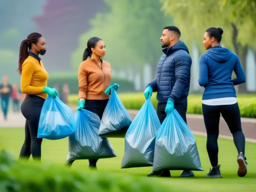 Un grupo diverso unido trabajando juntos para limpiar un parque, simbolizando la Comunidad Zero Waste: paso a paso