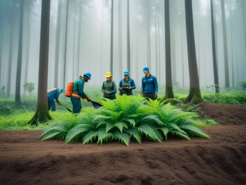 Un grupo diverso de voluntarios colabora en la conservación ambiental en un bosque verde