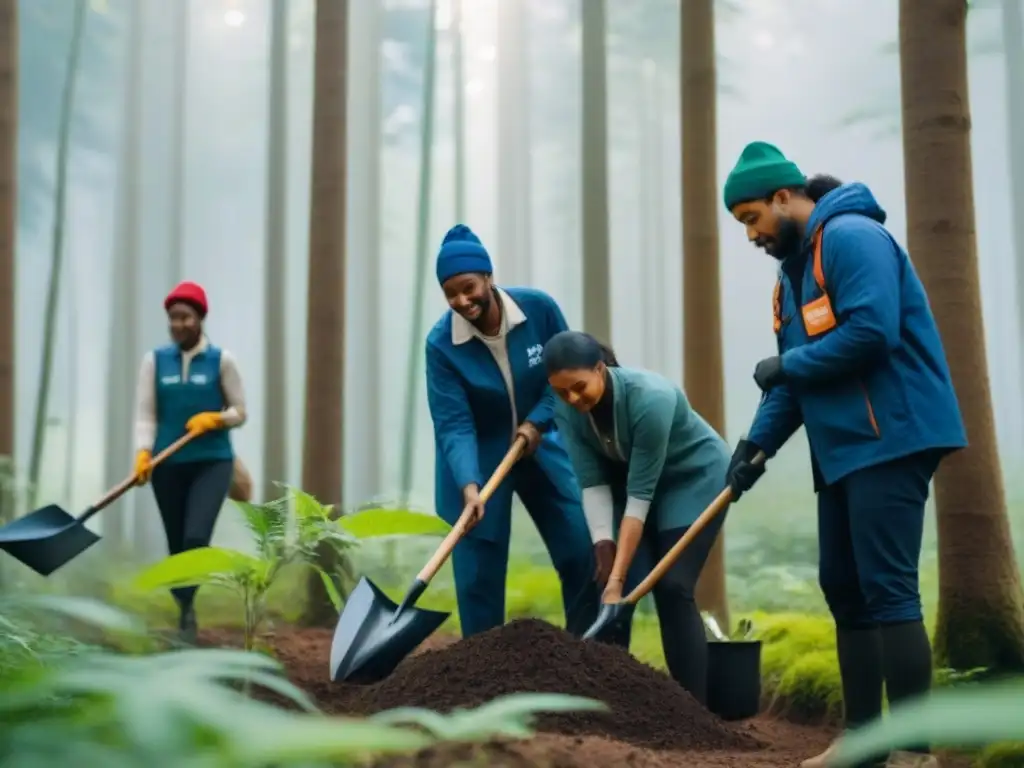 Un grupo diverso de voluntarios plantando árboles en un bosque, unidos y dedicados