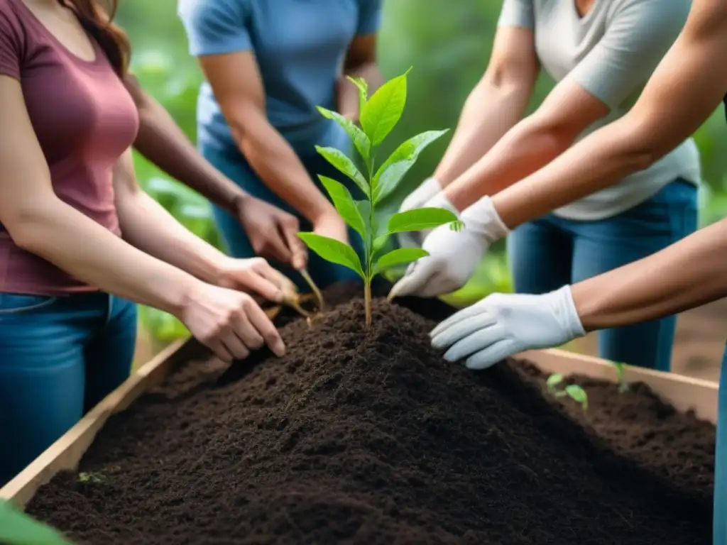 Un grupo diverso de voluntarios plantando árboles en un bosque exuberante, transmitiendo armonía y reforestación participativa