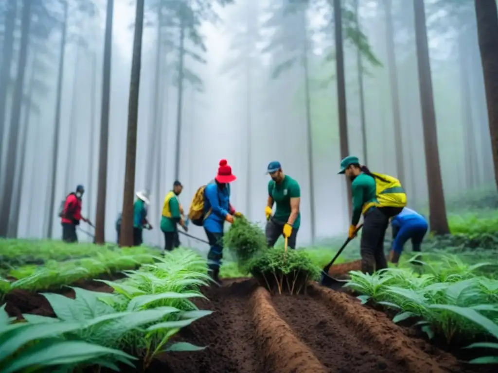 Un grupo diverso de voluntarios planta árboles en un bosque verde, simbolizando el voluntariado ambiental y el turismo sostenible