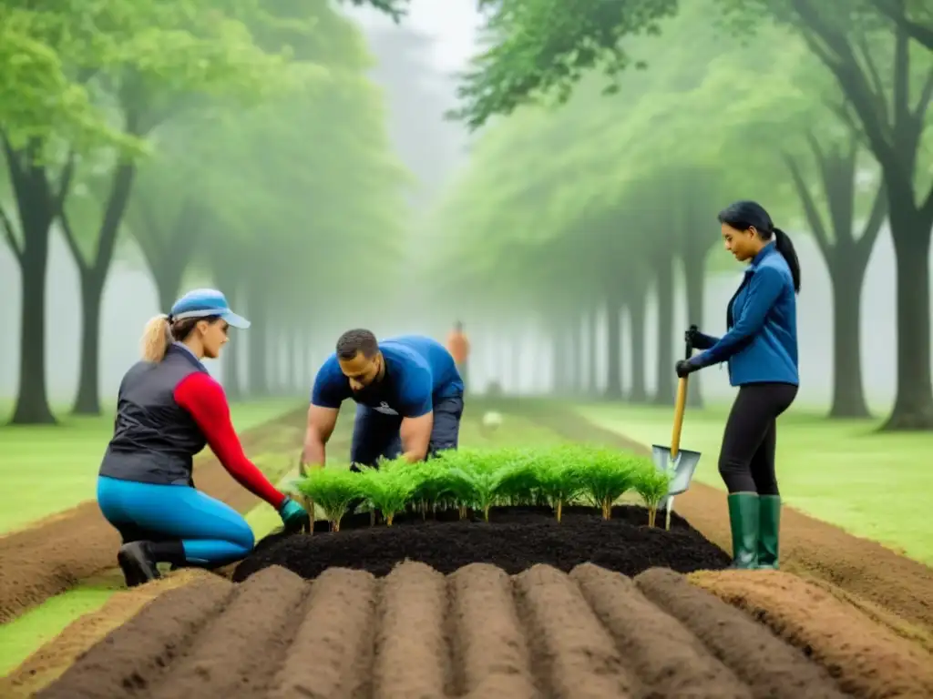 Un grupo diverso de voluntarios planta árboles en armonía en un parque verde, simbolizando sostenibilidad y comunidad