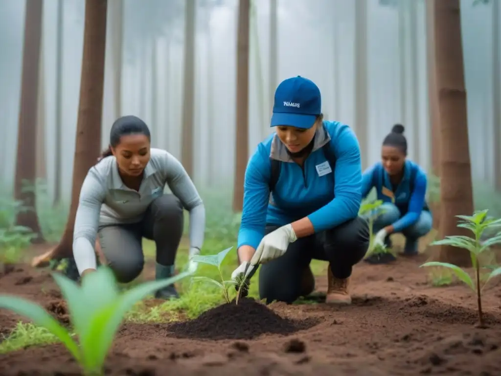 Un grupo diverso de voluntarios planta árboles en un bosque verde, mostrando unidad y dedicación en el voluntariado ambiental sostenible y educativo