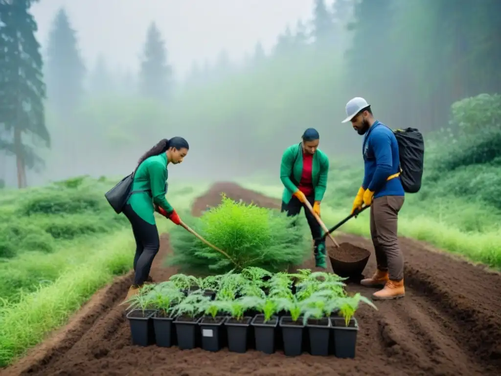 Un grupo diverso de voluntarios plantando árboles en un frondoso bosque, mostrando colaboración y sostenibilidad