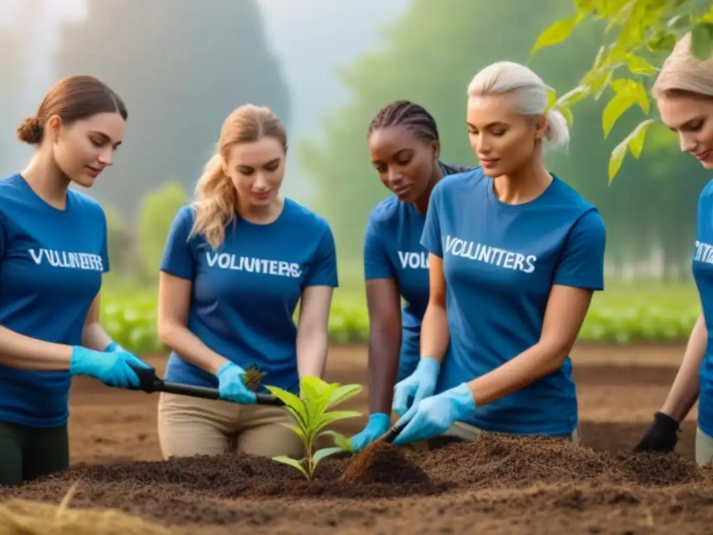 Un grupo diverso de voluntarios plantando árboles en un parque, mostrando trabajo en equipo y dedicación