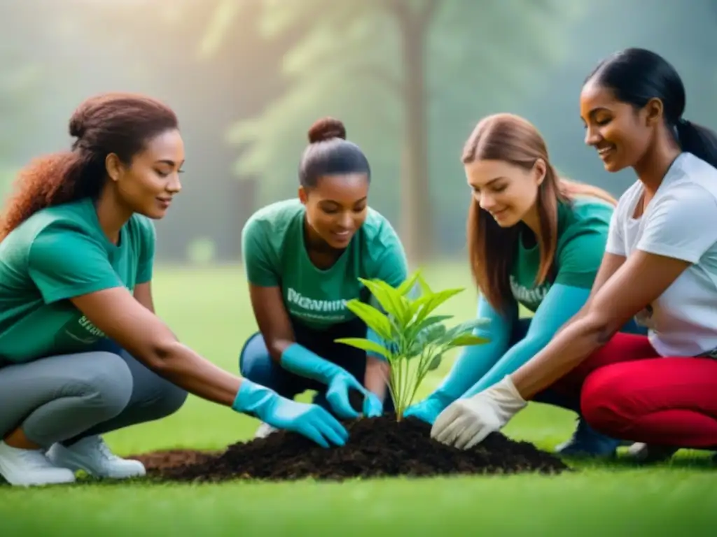 Un grupo diverso de voluntarios plantando árboles en un parque, transmitiendo un sentido de comunidad y bienestar