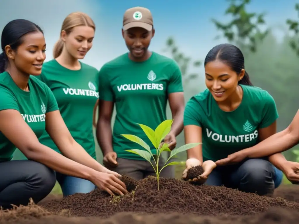 Un grupo diverso de voluntarios plantando árboles en un bosque vibrante, destacando el trabajo en equipo y la conservación ambiental